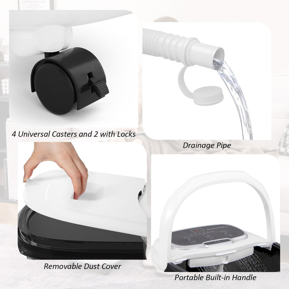 Costway electric foot spa features including caster wheels, drainage pipe, and dust cover.