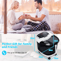 A couple sharing a gift near a Costway electric foot spa bath with motorised shiatsu rollers.