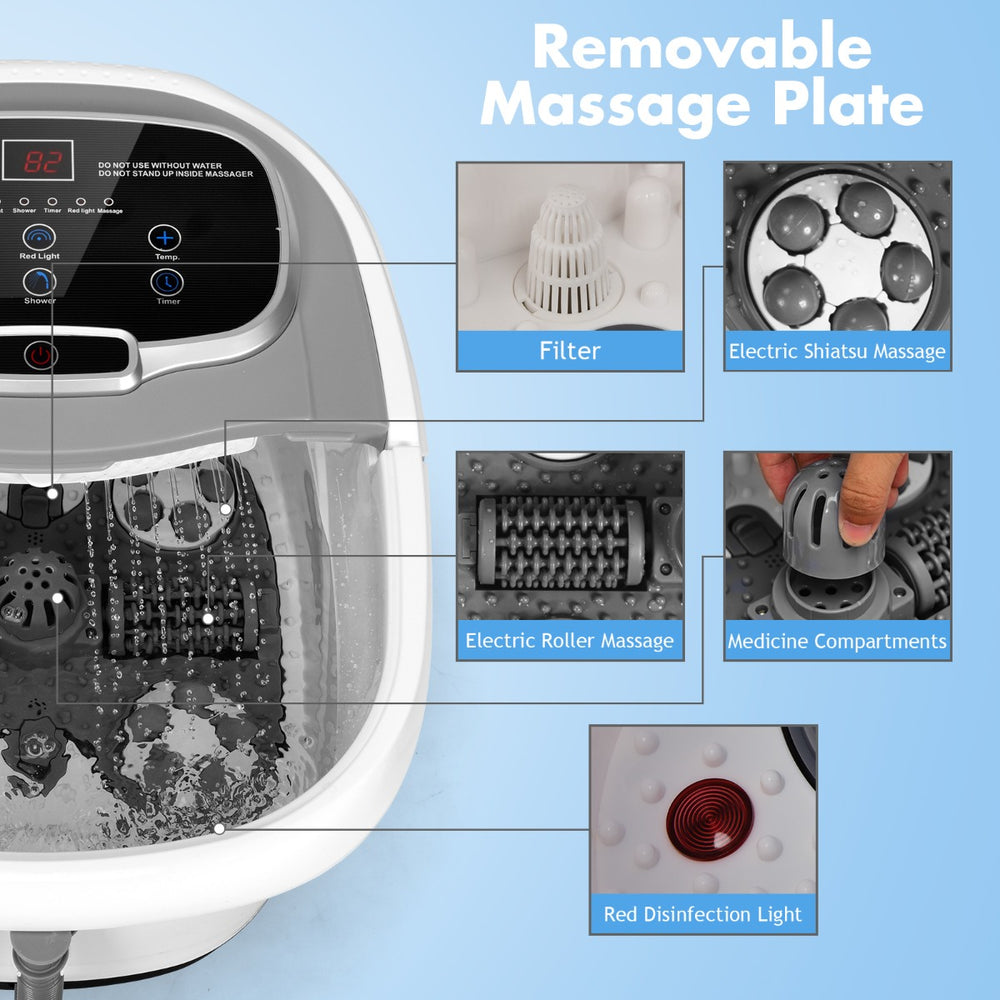Multifunctional electric foot bath machine with removable massage plate, shiatsu and roller massage features for.