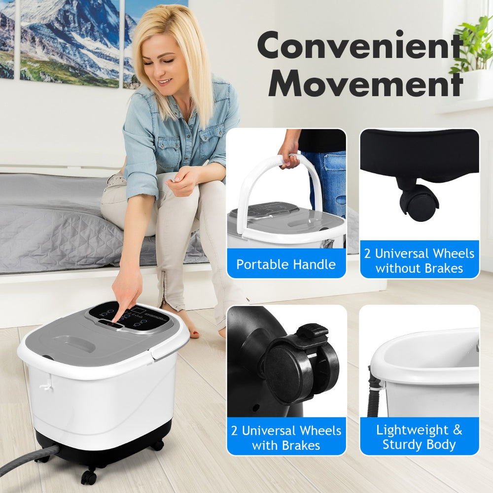 Multifunctional electric foot bath massager in grey with portable handle and wheels for easy movement and relaxation.