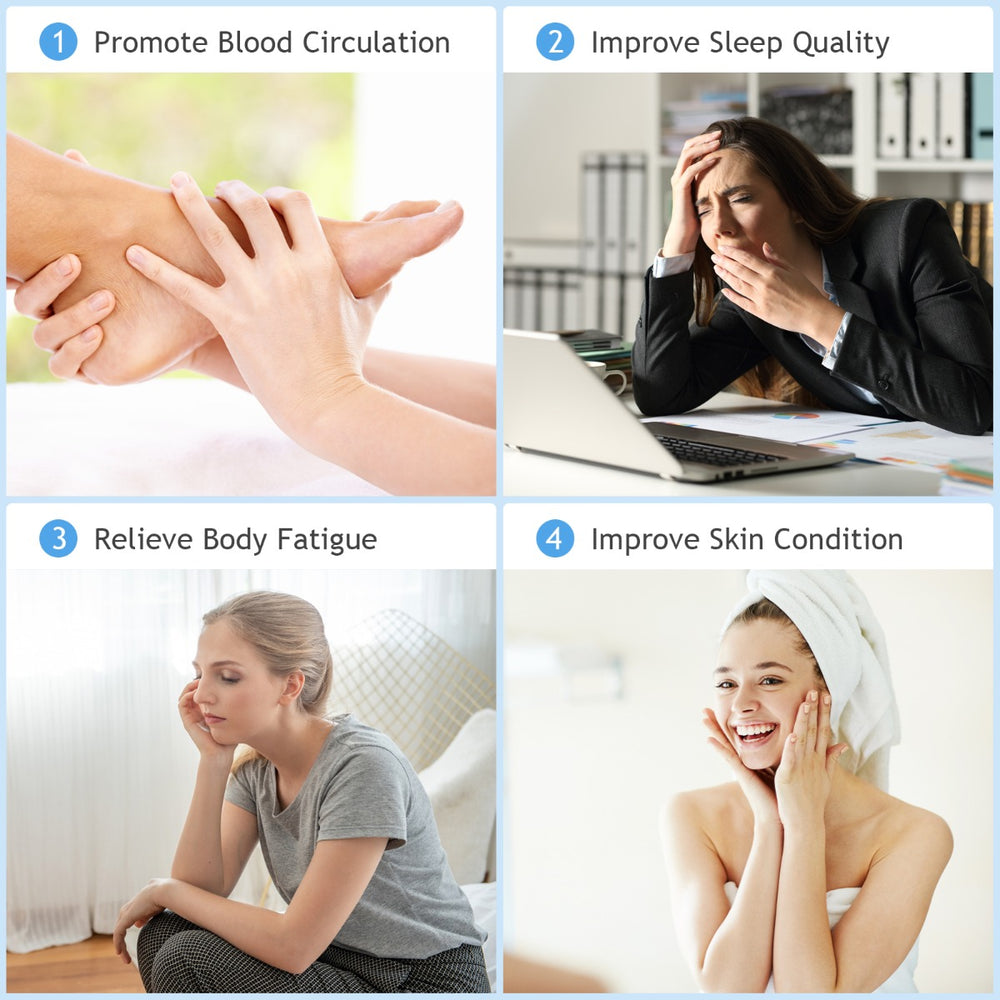 Four panels highlighting benefits of Costway foot spa: circulation, sleep, fatigue, and skin.