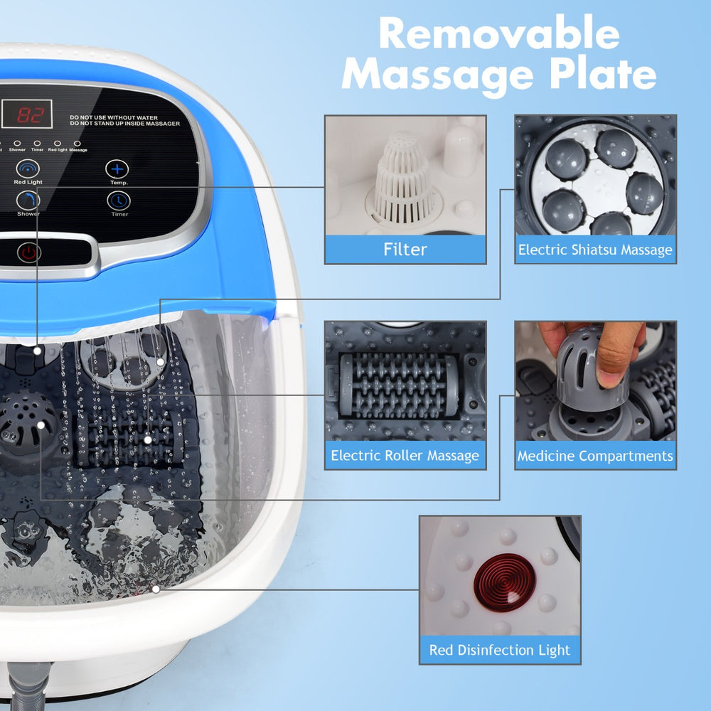 Costway Electric Foot Spa Bath featuring Shiatsu rollers, filter, and red disinfection light.
