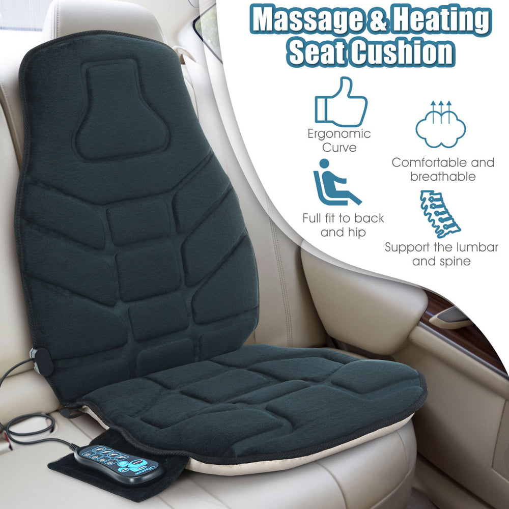 Memory foam massage seat cushion with vibration modes and heating function, designed for back and lumbar support in.