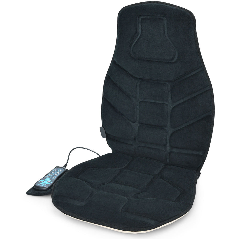 Memory foam massage seat cushion in black with controller, featuring 6 motors, 5 vibration modes, and heating function.