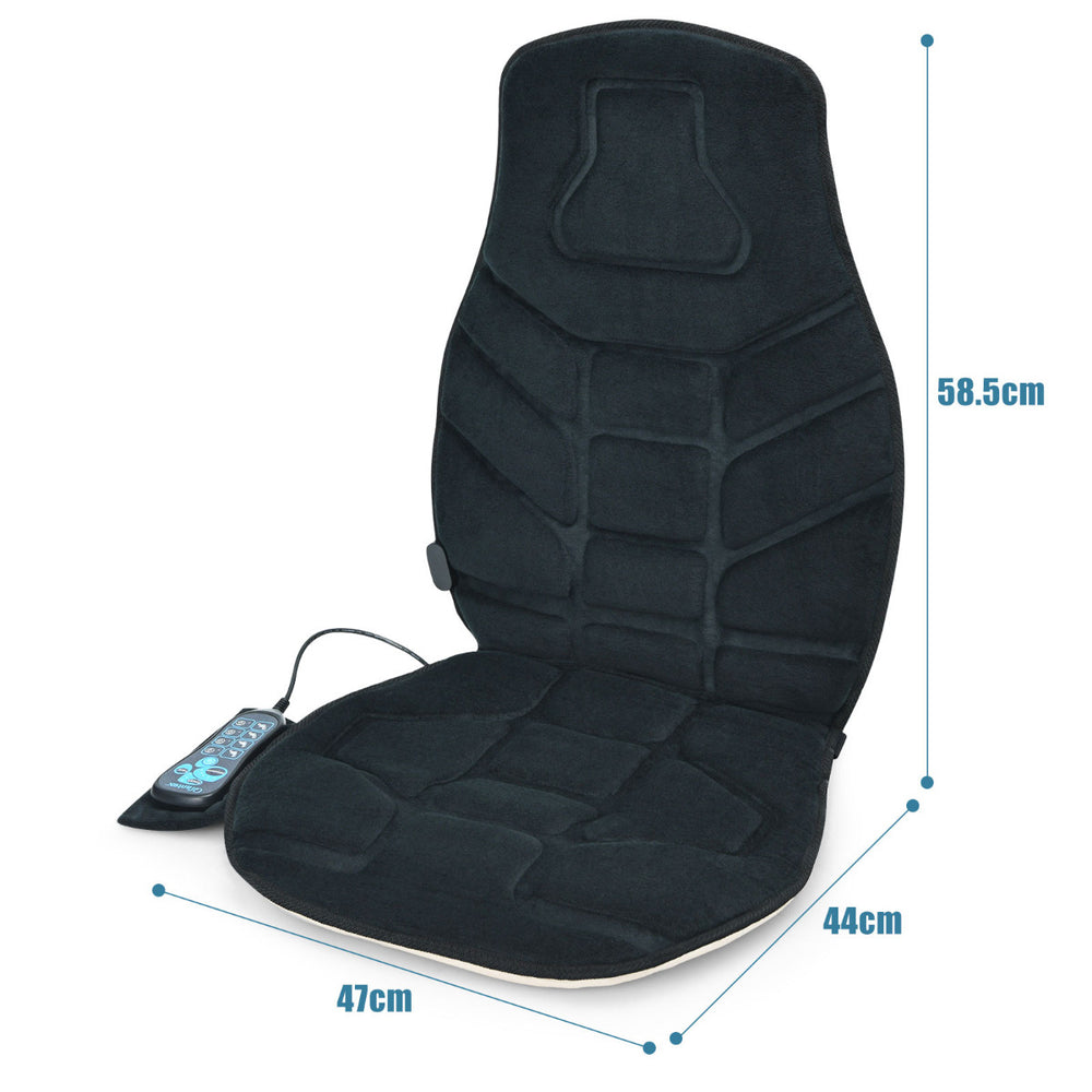 Memory foam massage seat cushion with adjustable straps, controller, and dimensions for home or car use.