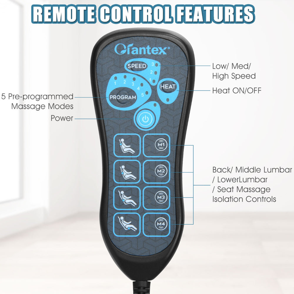 Remote control for Memory Foam Massage Seat Cushion with 5 vibration modes and heating function for targeted relaxation.