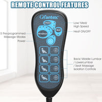 Remote control for Memory Foam Massage Seat Cushion with 5 vibration modes and heating function for targeted relaxation.