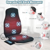 Memory foam massage seat cushion with 6 motors, heating function, and adjustable straps for targeted back and lumbar.