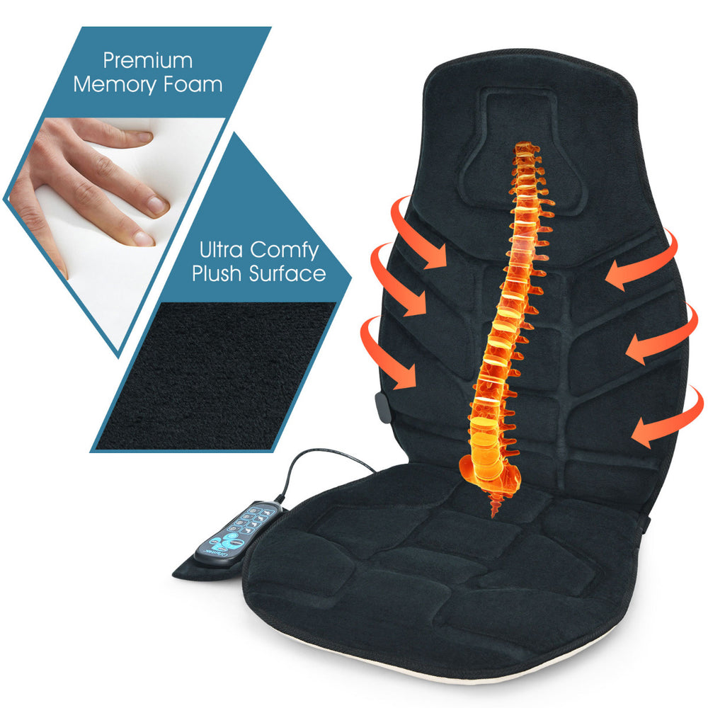 Memory foam massage seat cushion with controller, featuring 6 motors, heating function, and plush surface for.