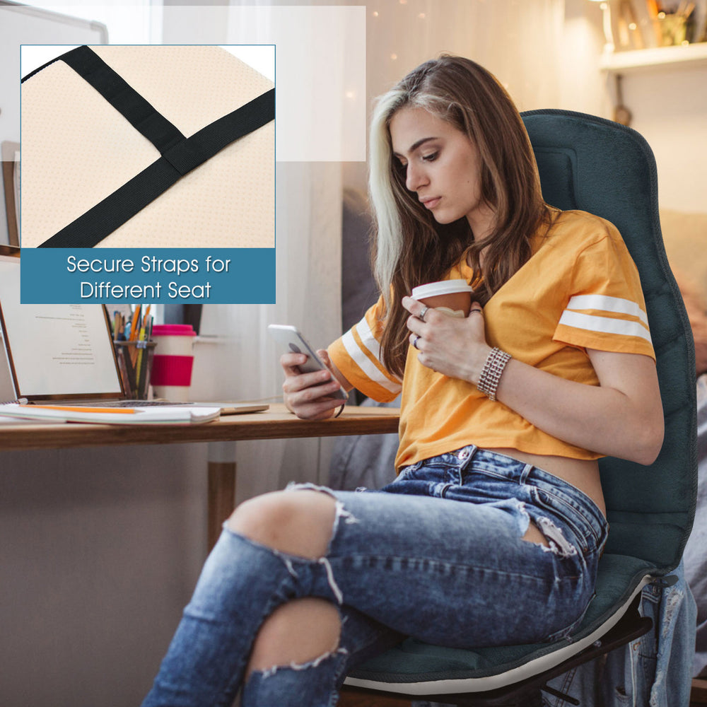 Memory foam massage seat cushion with adjustable straps, featuring 6 motors and multiple vibration modes for relaxation.