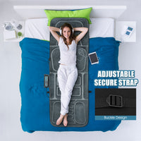 Full-body massage mat with 10 motors, adjustable secure strap, and built-in heat for relaxation and muscle relief.