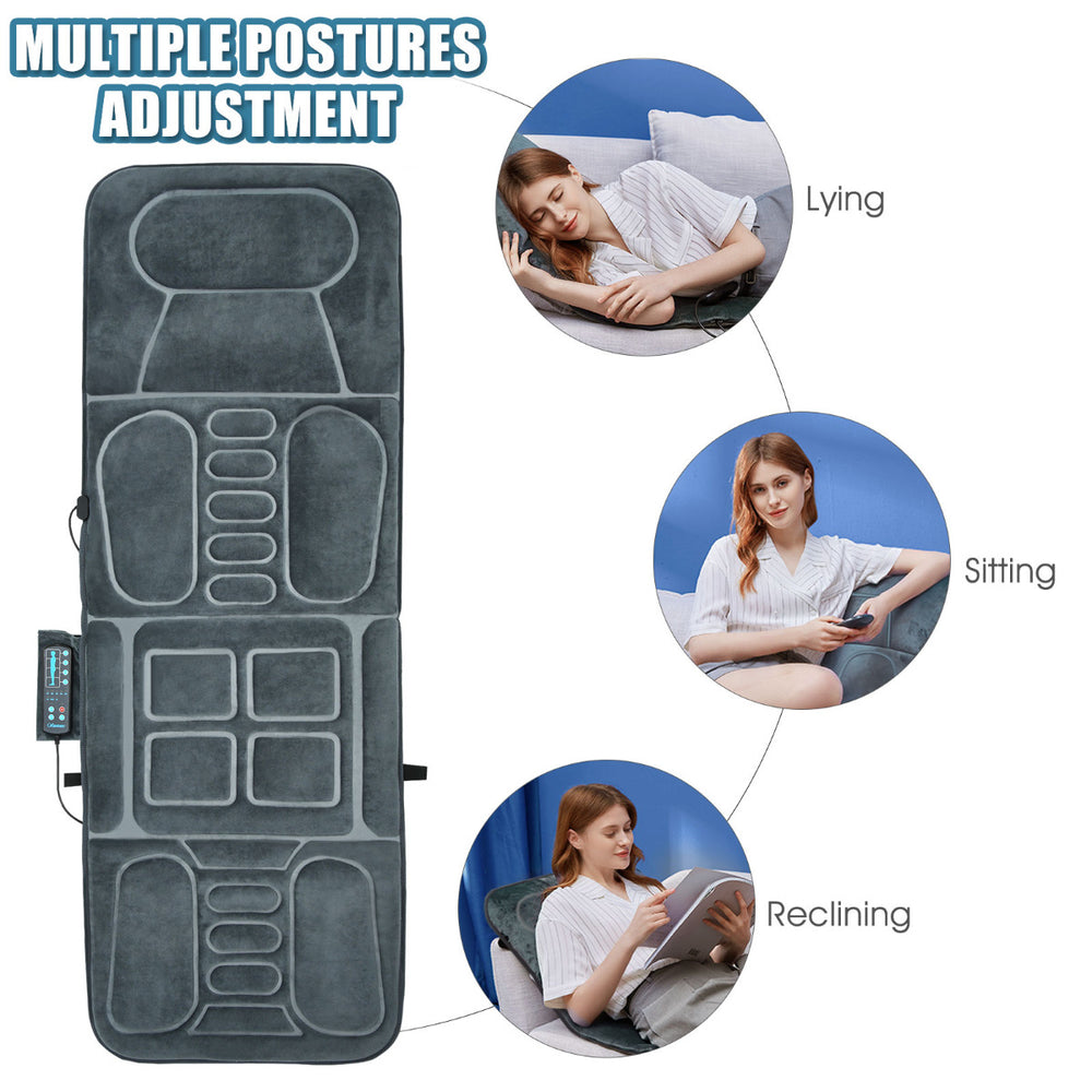 Full-body vibrating massage mat with 10 motors, offering 5 modes and soothing heat for relaxation and muscle relief.