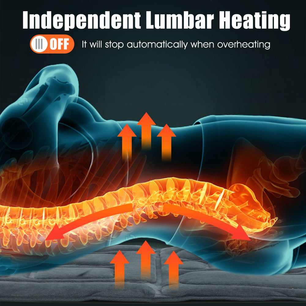 Vibrating massage mat with independent lumbar heating, featuring 10 motors and 5 massage modes for relaxation.