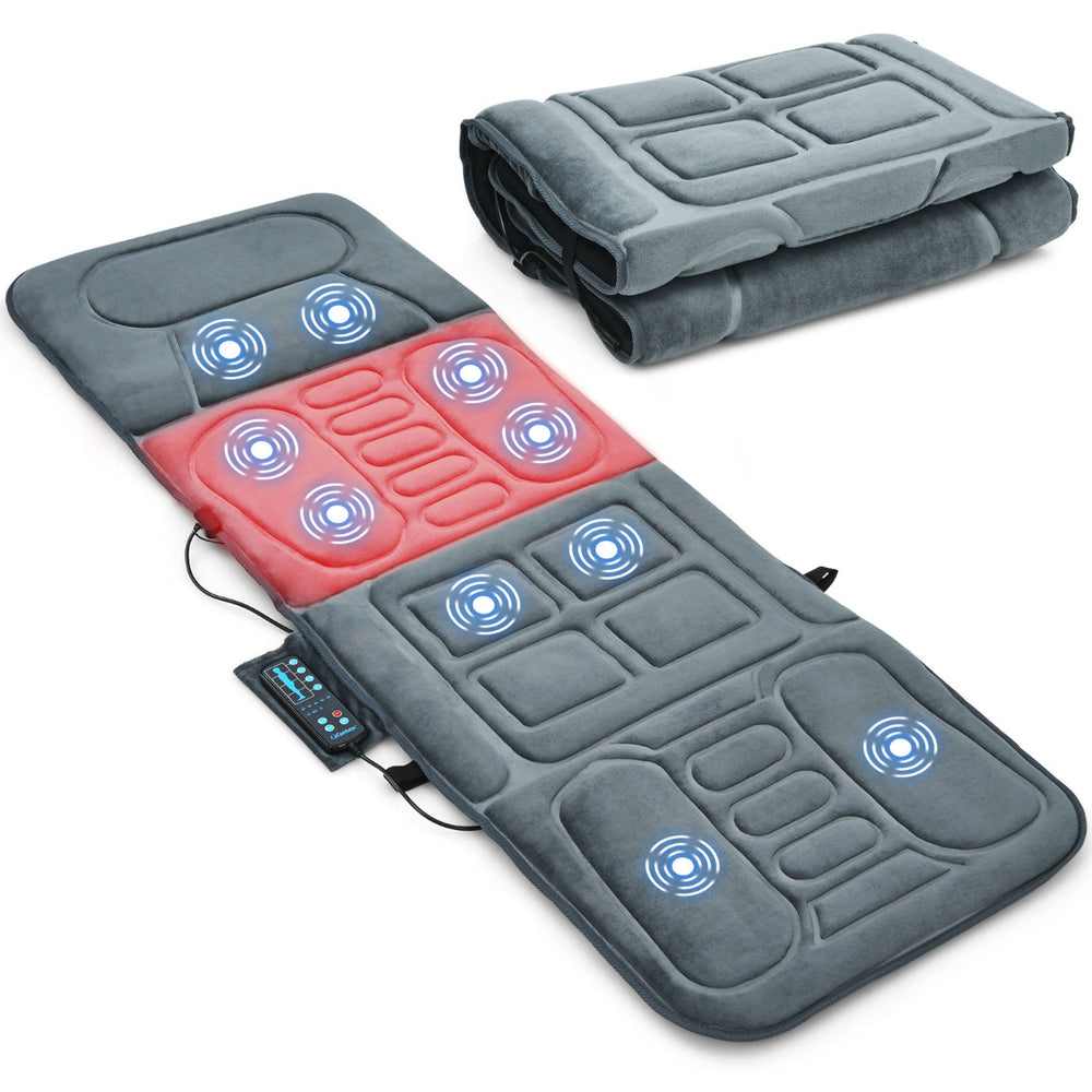 Vibrating massage mat with 10 motors and heat, featuring 5 massage modes for full-body relaxation and tension relief.