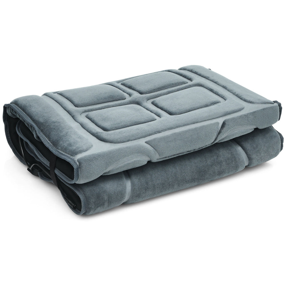 Foldable vibrating massage mat with 10 motors and heat, offering 5 massage modes for relaxation and muscle relief.