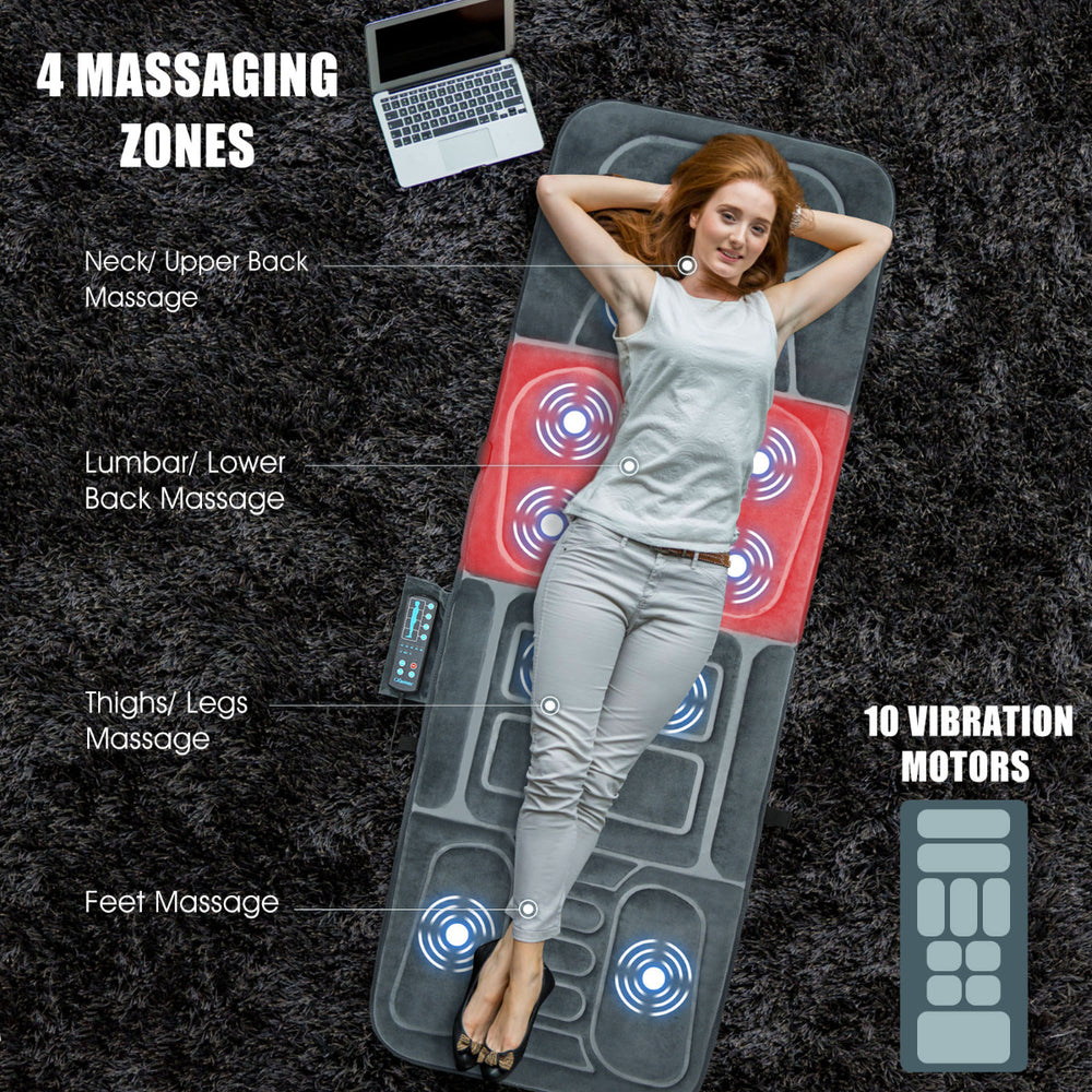 Full-body massage mat with 10 motors, featuring heat and 5 massage modes for neck, back, thighs, and feet relaxation.