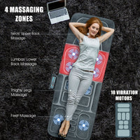 Full-body massage mat with 10 motors, featuring heat and 5 massage modes for neck, back, thighs, and feet relaxation.