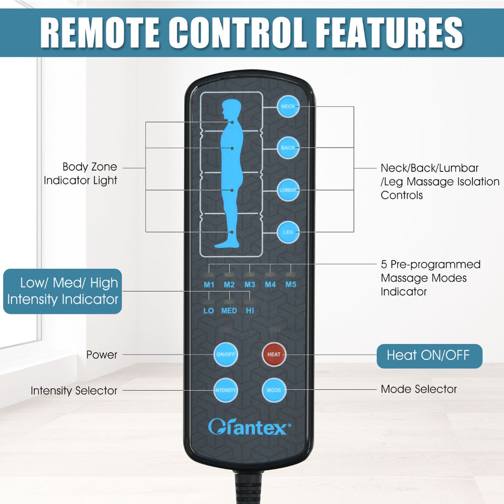 Remote control for the 10 Motors Vibrating Massage Mat, featuring 5 massage modes and heat settings for relaxation.