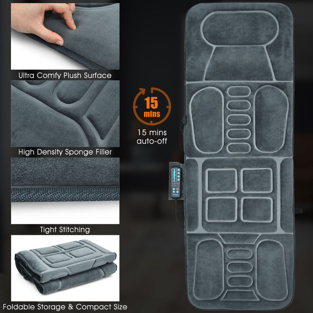 Full-body vibrating massage mat with 10 motors, plush surface, and built-in heat for relaxation and muscle relief.