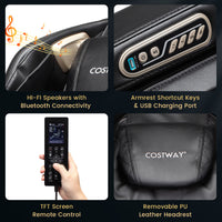 Costway massage chair features Bluetooth speakers, armrest controls, USB port, and TFT remote.