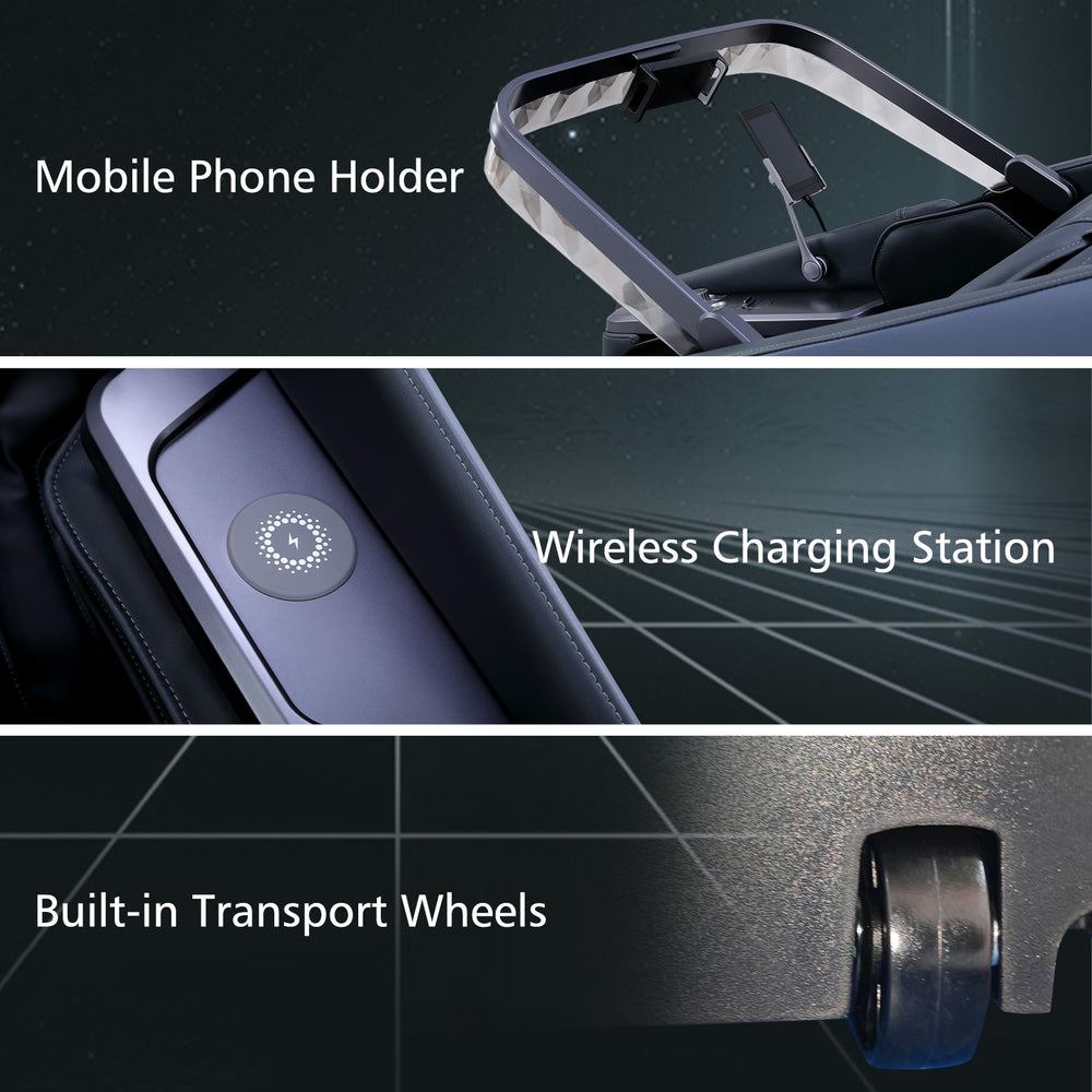 Costway massage chair features a mobile phone holder, wireless charging station, and transport wheels.