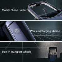 Costway massage chair features a mobile phone holder, wireless charging station, and transport wheels.