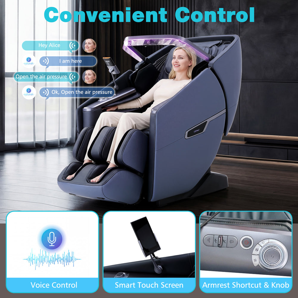 Costway 4D full body massage chair featuring voice control, smart touch screen, and armrest knob.