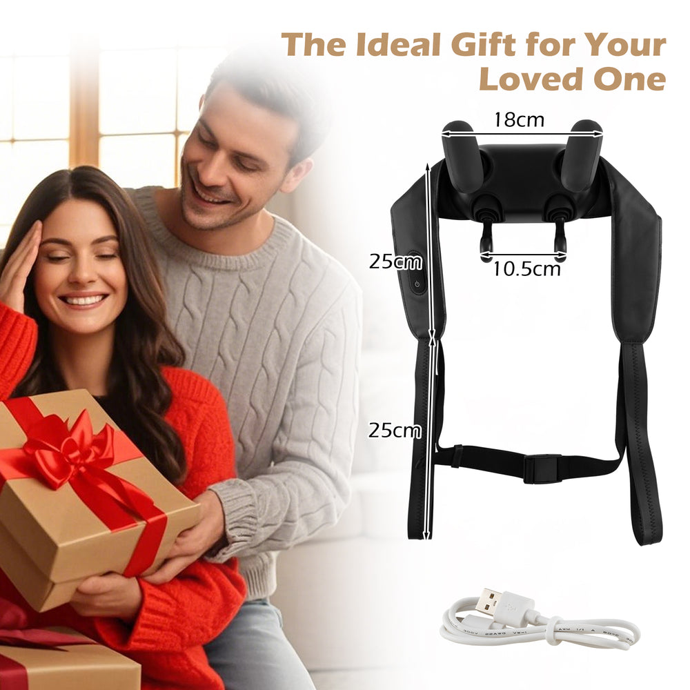 Neck shoulder massager in black with adjustable strap, featuring 4D deep tissue kneading and heating function for.