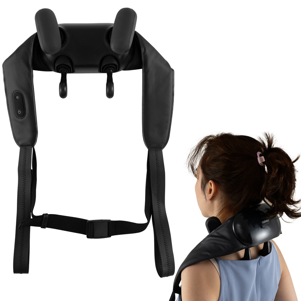 Black neck and shoulder massager showcasing the control panel and heating function for enhanced relaxation and comfort.