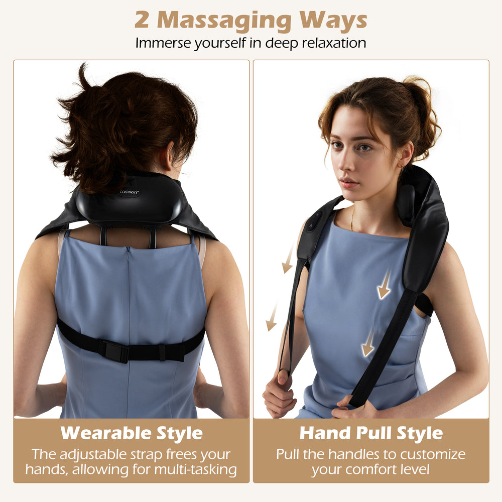 Neck shoulder massager in black with adjustable strap, showcasing wearable and hand pull styles for versatile use.