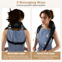 Neck shoulder massager in black with adjustable strap, showcasing wearable and hand pull styles for versatile use.