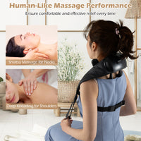 Black neck shoulder massager with ergonomic design, showcasing deep tissue kneading heads and heating function for.