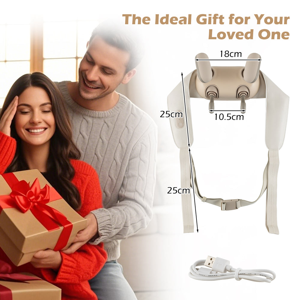 Neck shoulder massager in beige with adjustable strap, featuring 4D deep tissue kneading and heating function for.