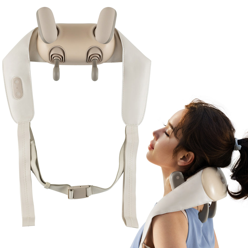 Beige neck shoulder massager showcasing 2 silicone massage heads and adjustable strap, perfect for on-the-go relaxation.