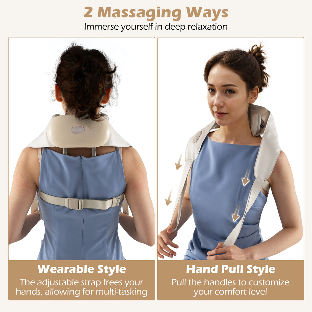 Neck shoulder massager in beige, showcasing wearable and hand pull styles for versatile, hands-free relaxation.