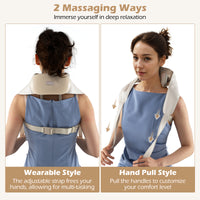 Neck shoulder massager in beige, showcasing wearable and hand pull styles for versatile, hands-free relaxation.