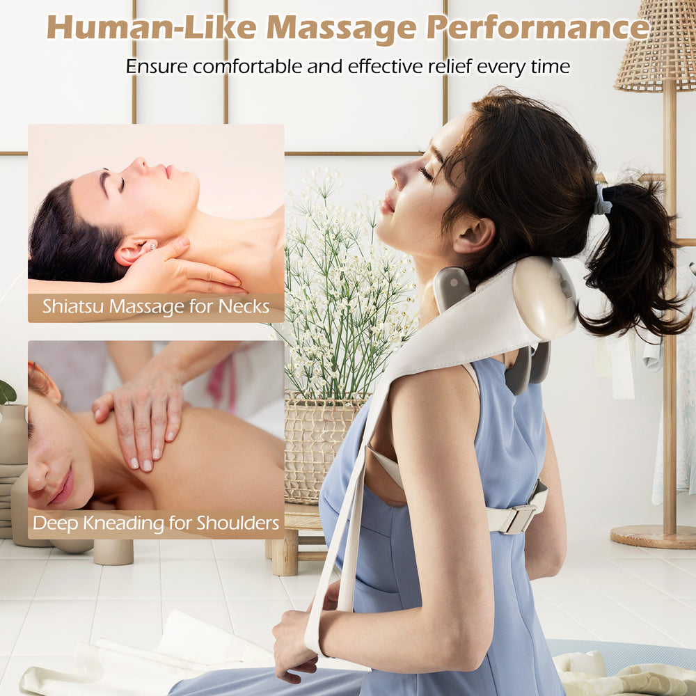 Neck shoulder massager in beige with 4D deep tissue kneading and heating function for relaxation and muscle relief.