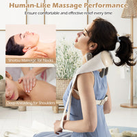 Neck shoulder massager in beige with 4D deep tissue kneading and heating function for relaxation and muscle relief.
