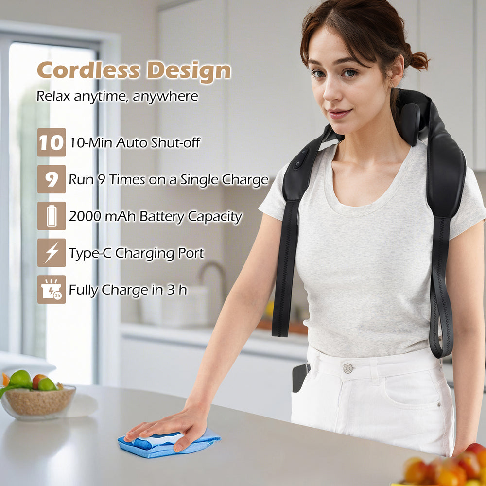 Neck shoulder massager in black featuring 4D deep tissue kneading, adjustable strap, and cordless design for versatile.