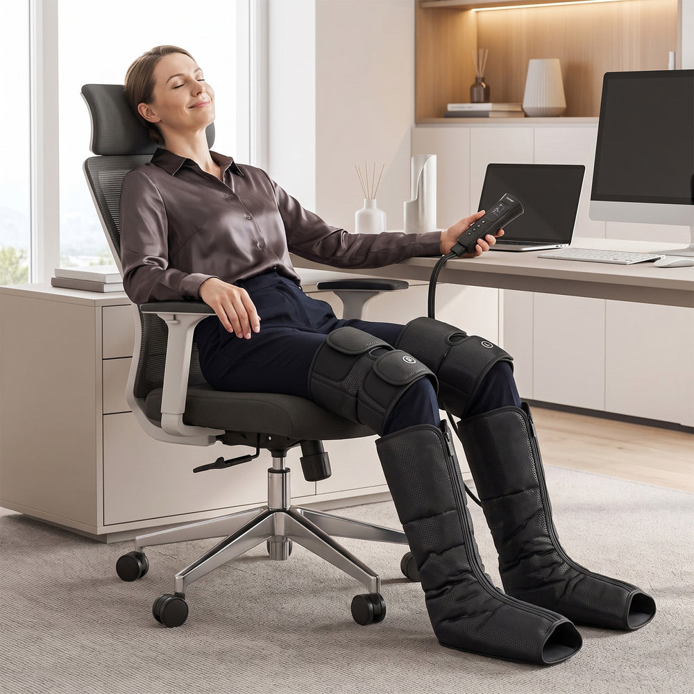 Woman relaxing in an office chair using Costway heated leg compression massager boots.