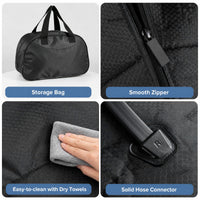 Collage showing Costway heated leg massager features: storage bag, smooth zipper, and hose connector.