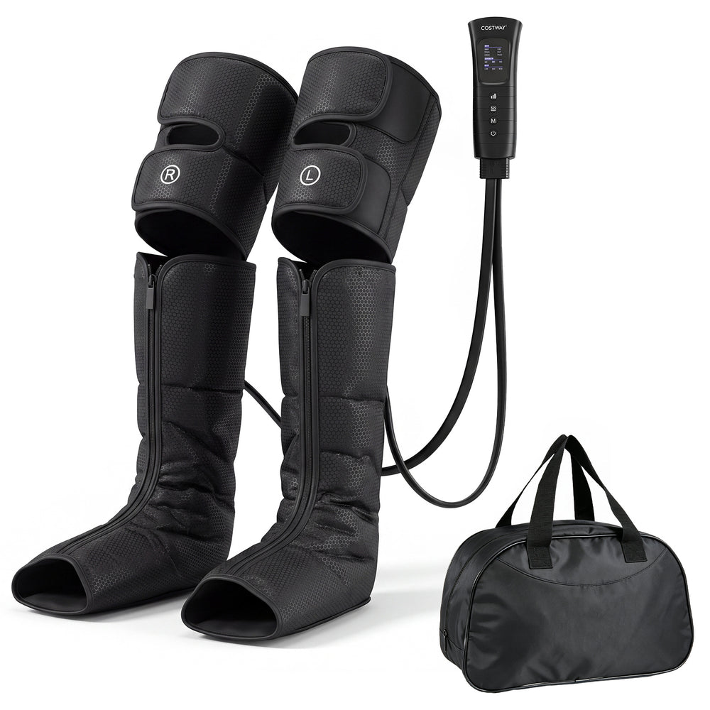 Costway heated leg compression massager with remote control and carrying bag.