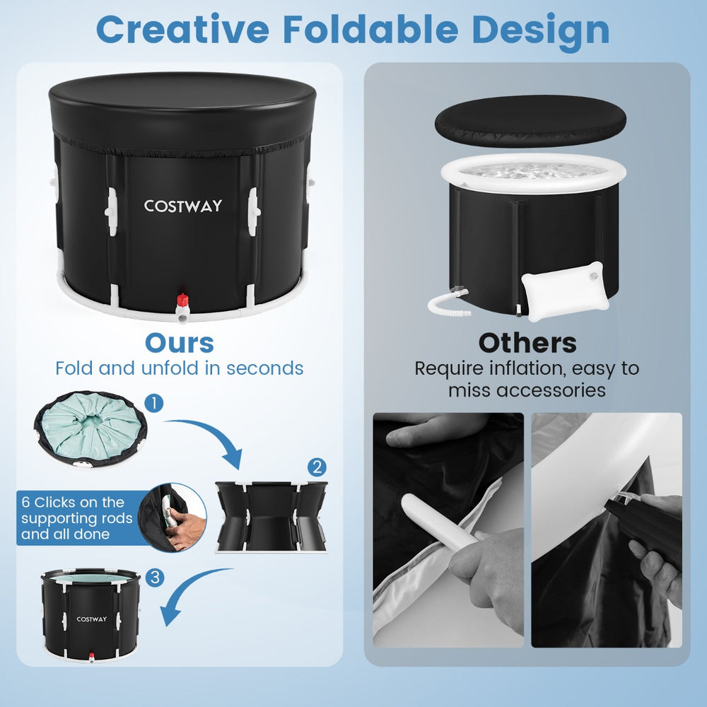 Costway foldable 250L ice bath tub design comparison showing easy setup vs inflation models.