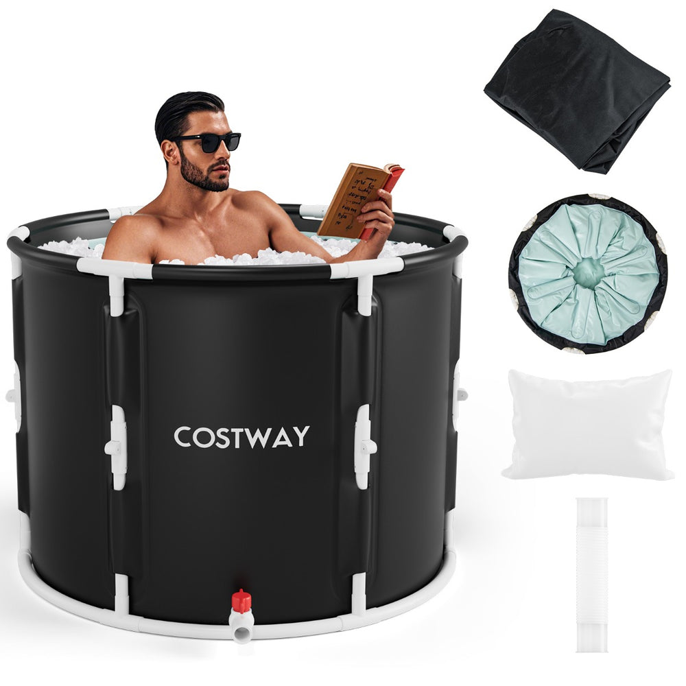 Man using a Costway foldable 250L ice bath and cold plunge tub with a lid and pillow.