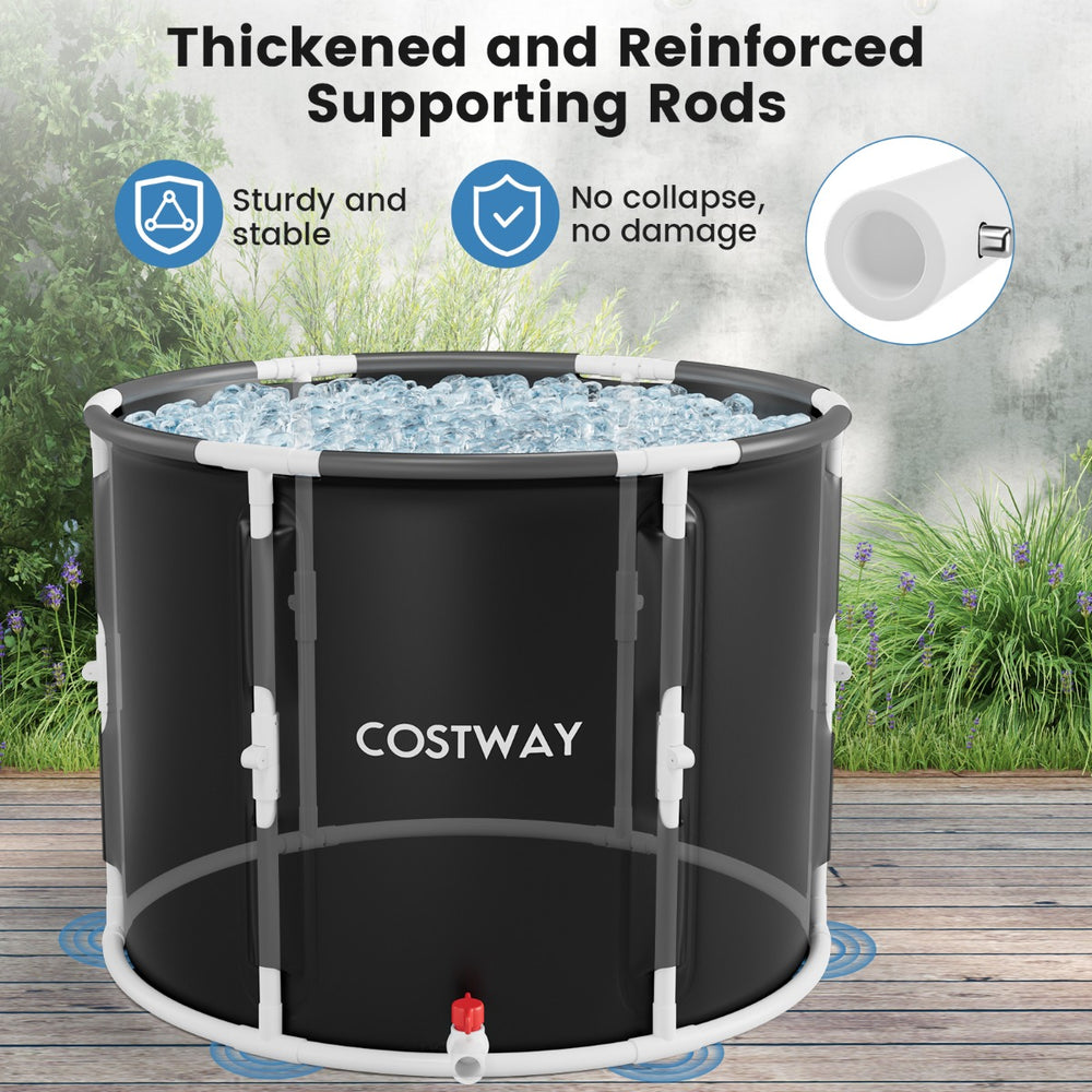 Costway foldable 250L ice bath tub with reinforced supporting rods and lid.