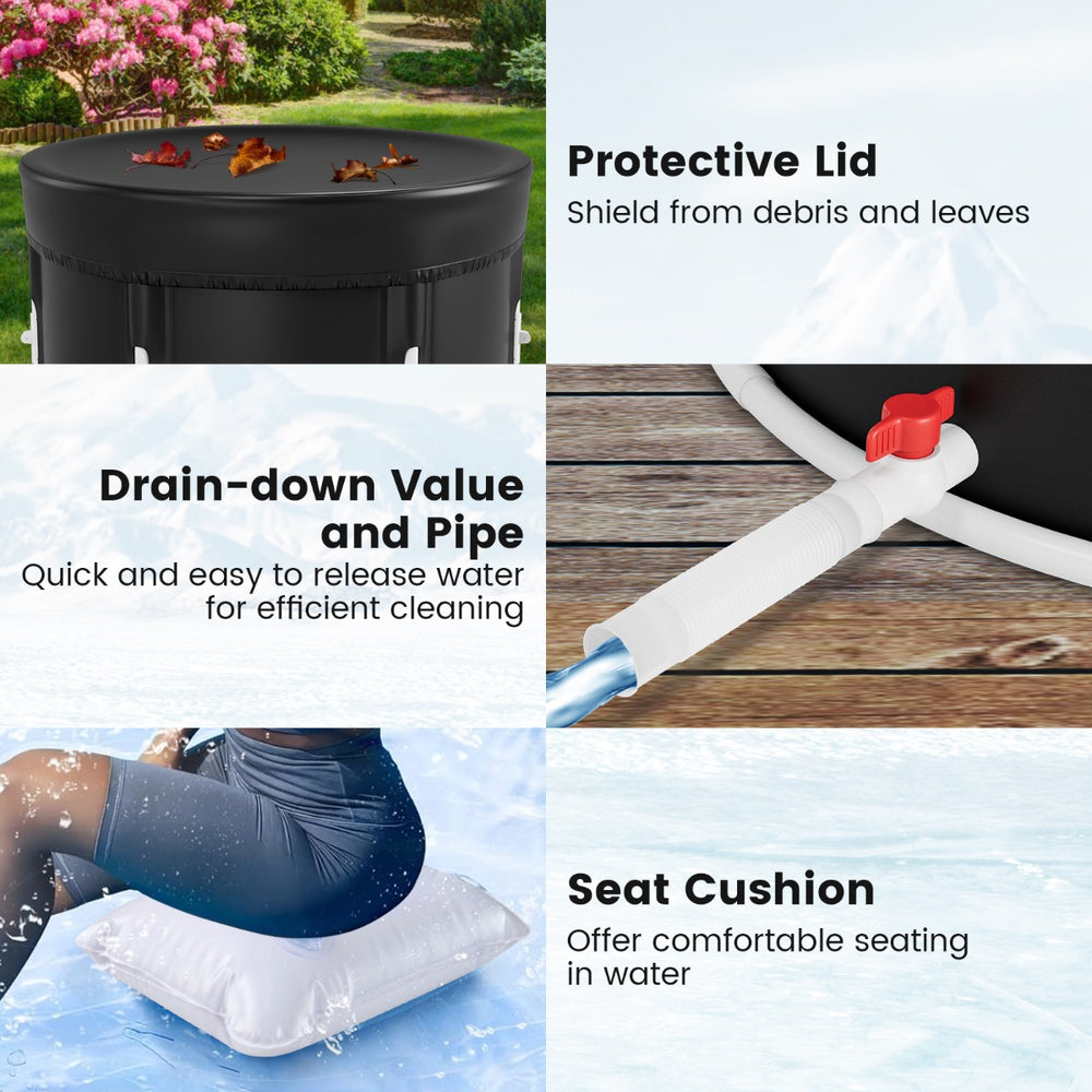 Costway foldable ice bath features a protective lid, drain valve, and seat cushion.