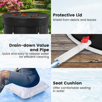 Costway foldable ice bath features a protective lid, drain valve, and seat cushion.