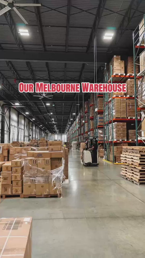 A walkthrough of Relaxway's Melbourne warehouse showing stocked storage racks.
