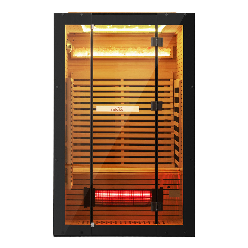 Front view of two-person Canadian hemlock sauna