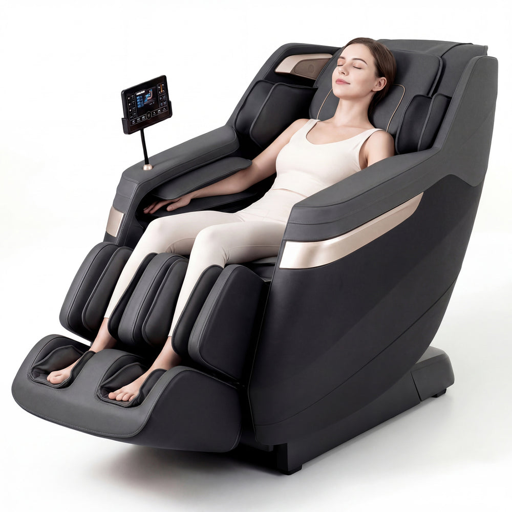 Costway Soothe 57 — Black / Grey — Full body massage chair in black with zero gravity function, foot rollers, and LCD touch screen for ultimate relaxation.